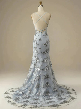 Shop 2023 ANNAKOO Backless V Neck Mermaid Silver Gray Appliques Prom Dress Under 169