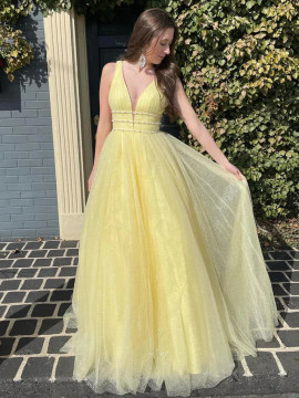 Shop 2023 ANNAKOO Open Back Yellow Tulle Long A Line V Neck Prom Dress Under 165