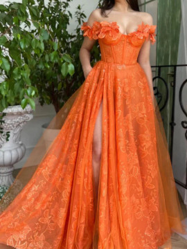 Shop 2023 ANNAKOO Orange Long Off The Shoulder Prom Dress With High Slit Under 178