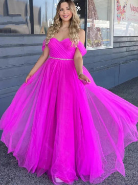 Shop 2023 ANNAKOO Off Shoulder Fuchsia Tulle Beading Long Prom Dress Under 145