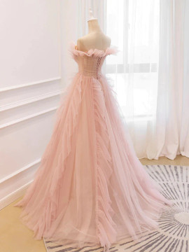 Shop 2023  ANNAKOO  Off the Shoulder Pink Tulle Ruffles Long Prom Dress Under 175
