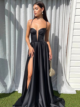 Shop 2023 ANNAKOO  Satin Spaghetti Straps Long Black Prom Dress Under 135