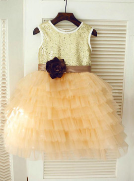 Ball Gown Gold Scoop Tulle Ruffles Flower Girl Dress