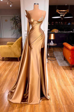 Shop 2023 Annakoo Gold One Shoulder Satin Trumpet Mermaid Prom Dress With Slit Under 218