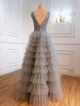 Shop 2023 ANNAKOO Gray Sequin Ruffles Tulle V Neck Long Prom Dress Under 169
