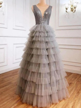 Shop 2023 ANNAKOO Gray Sequin Ruffles Tulle V Neck Long Prom Dress Under 169