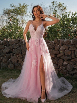 Shop 2023 ANNAKOO V Neck Backless Tulle Pink Lace Long Prom Dress Under 168
