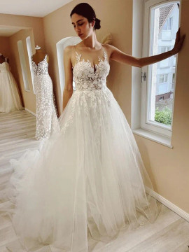 Shop 2023 ANNAKOO Princess Tulle Applique Scoop Chapel Train Wedding Dress Under 188