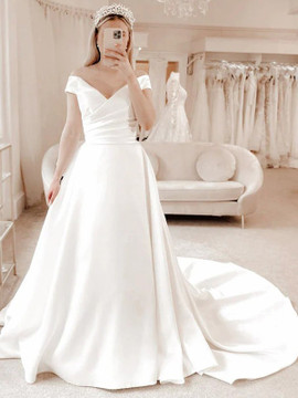 Shop 2023 ANNAKOO Princess Satin Ruched V Neck Court Train Wedding Dress Under 147