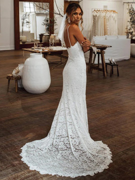 Shop 2023 ANNAKOO Sheath Column Lace V neck Backless Court Train Wedding Dress under 188