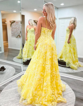 Shop 2023 ANNAKOO Yellow A-Line Spaghetti Straps Appliques Prom Dress Under 169