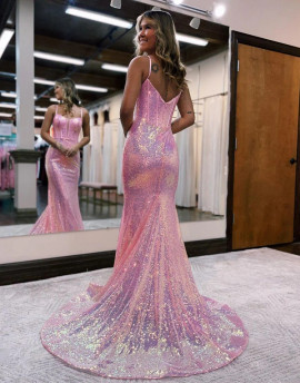 Shop 2023 ANNAKOO Pink Mermaid Spaghetti Straps Glitter Prom Dress Under 159