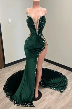 Shop 2023 ANNAKOO Deep V Neck Green Beading Trumpet Mermaid Prom Dress With Slit Under 248