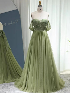 Shop 2023 ANNAKOO Off The Shoulder Sage Long Tulle Beading Prom Dress Under 245