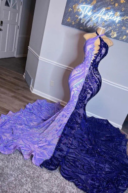 Shop 2023 ANNAKOO Halter Sequin Mermaid Sleeveless Purple Prom Dress Under 258