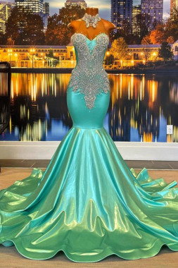 Shop 2023 ANNAKOO Mint Green High Neck Mermaid Satin Prom Dress Under 265