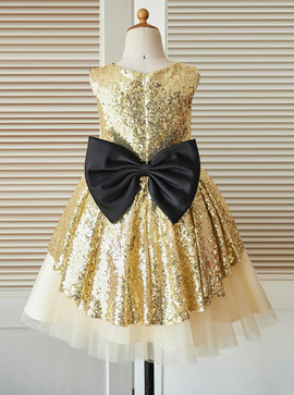 Simple Jewel Champagne Flower Girl Dress with Sequins Bow