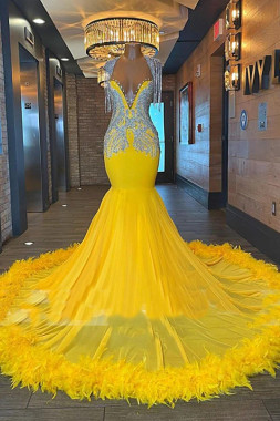 Shop 2023 ANNAKOO V Neck Yellow Beading Feather Trumpet Mermaid Prom Dress Under 328