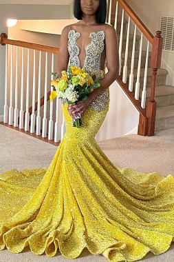 Shop 2023 ANNAKOO Yellow Sequins Mermaid Beading  Sheer Neck Prom Dress  Under 269