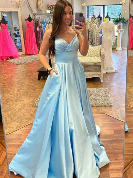 Shop 2023 ANNAKOO Open Back V Neck Blue Satin Prom Dress with Pocket Under 148