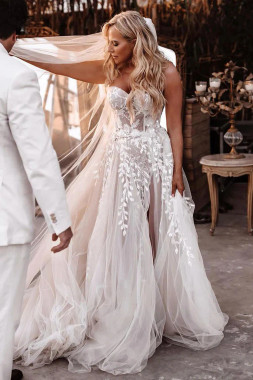 Appliques Bohemian A-line Sweetheart  Wedding Dress with Slit 