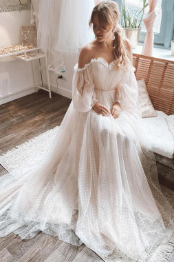 Shop 2023 ANNAKOO Princess Pink Long Sleeves Off Shoulder Wedding Dress Under 245