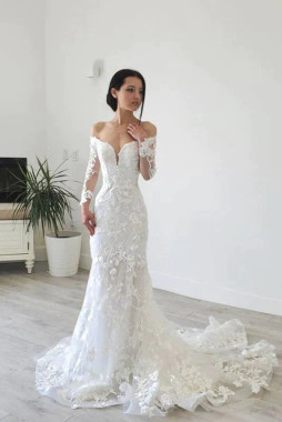 Shop 2023 ANNAKOO Long Sleeves Off Shoulder Lace Mermaid Wedding Dress Under 245