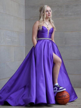 Shop 2023 ANNAKOO Purple Satin V Neck Long Slit Prom Dress with Belt Under 134