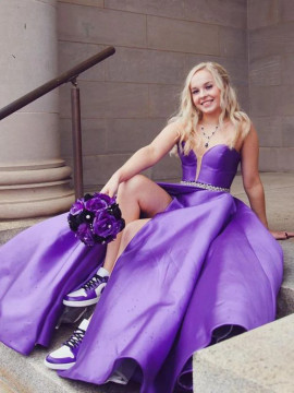 Shop 2023 ANNAKOO Purple Satin V Neck Long Slit Prom Dress with Belt Under 134
