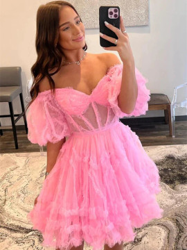 Shop 2023 ANNAKOO Princess Off Shoulder Pink Short Puffy Sleeve Homecoming Dress Under 149