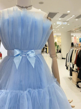 Shop 2023 ANNAKOO Short Blue Tulle Prom Homecoming Dresses with Bow Under 139