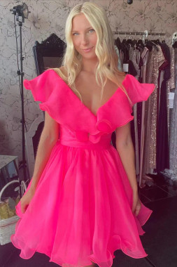 Shop 2023 ANNAKOO Hot Pink Tulle V Neck Short Homecoming Dress Under 109