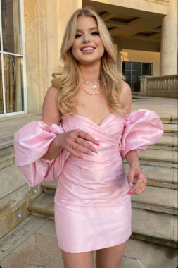 Shop 2023 ANNAKOO Sheath Pink Puffy Sleeve Sweetheart Mini Homecoming Dress Under 119