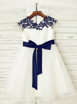 Appliques Jewel Cap Sleeves White Flower Girl Dress