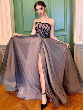 Shop 2023 ANNAKOO Champagne Sweetheart Tulle Long Prom Dress With High Slit Under 159