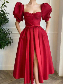 Shop 2023 ANNAKOO Red Satin Puffy Sleeve Buttons Prom Dress With Pockets Under 145
