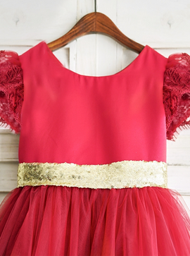 Appliques Cute Jewel Dark Red Flower Girl Dress 