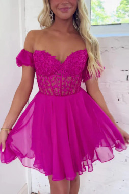 Shop 2023 ANNAKOO Princess Off the Shoulder Fuchsia Lace Homecoming Dress Under 145