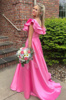 Shop 2023 ANNAKOO Cap Sleeves Hot Pink Satin Ruffles Prom Dress with High Slit Under 149