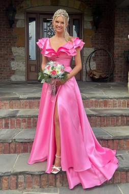Shop 2023 ANNAKOO Cap Sleeves Hot Pink Satin Ruffles Prom Dress with High Slit Under 149