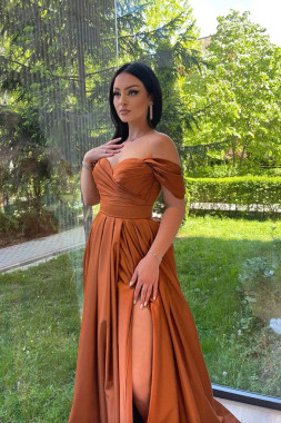 Shop 2023 Annakoo Off the Shoulder Satin Brown Long Prom Dress with High Slit Under 136