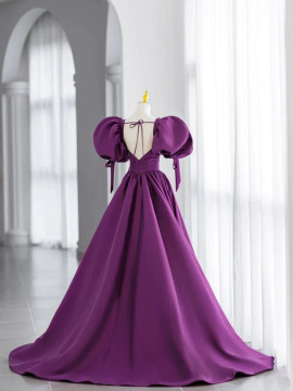 Shop 2023 ANNAKOO Puffy Sleeve Satin Purple Backless Prom Dress Under 168