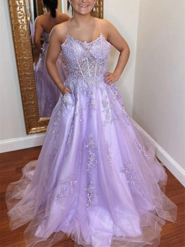 Shop 2023 ANNAKOO Lavender Tulle Appliques Spaghetti Straps Prom Dress With Pockets Under 167