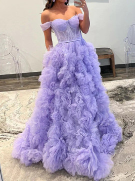 Shop 2023 ANNAKOO Lavender Off Shoulder Pleats Tulle Prom Dress Under 199