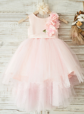 Cute High Low Jewel Pink Flower Girl Dress with Flowers