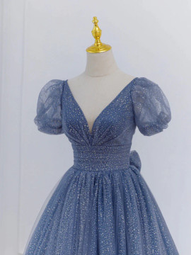 Shop 2023 ANNAKOO Blue Sparkle Tulle V Neck Short Sleeve Prom Dress With Bow Under 159
