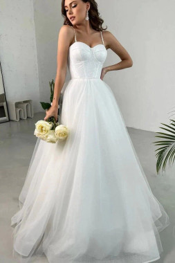 Shop 2023 ANNAKOO Shiny Tulle Sweetheart Neck White Wedding Dress Under 168