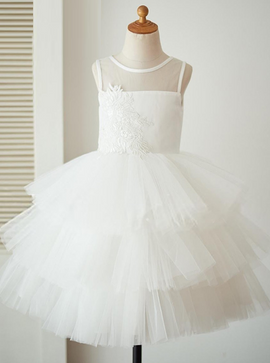 Tired Ball Gown White Flower Girl Dress with Appliques