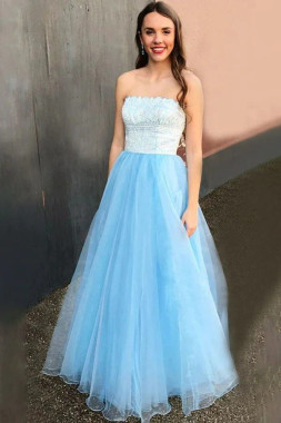 Shop 2023 ANNAKOO Two Tone Light Blue A-line Tulle Strapless Prom Dress Under 145