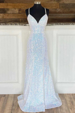 Shop 2023 ANNAKOO Sequin V-Neck Empire Mermaid White Prom Dress Under 159